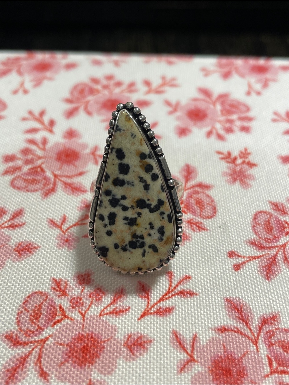 Dalmatian Jasper Teardrop Silver Ring (925 Silver Plated)